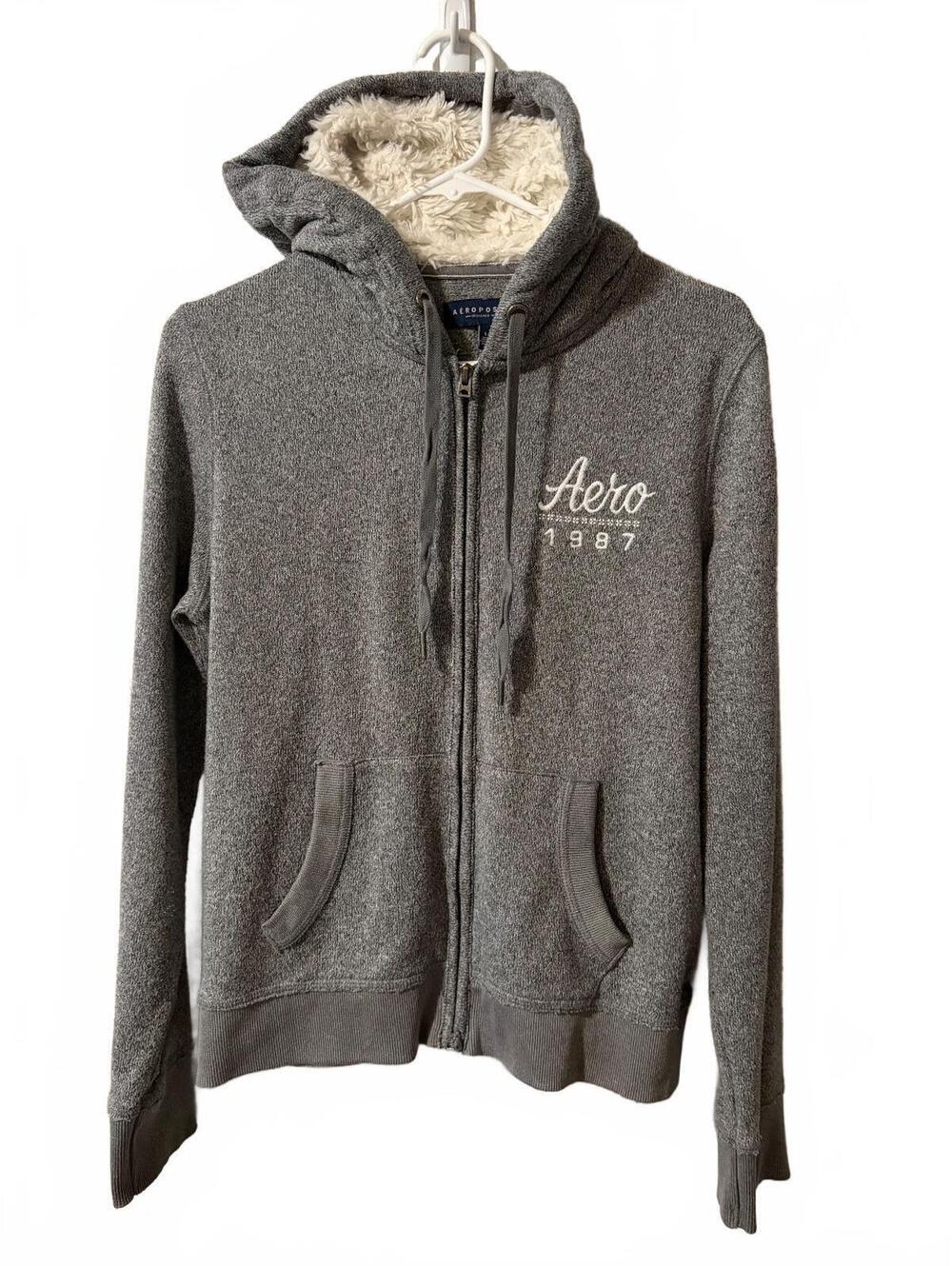 Aéropostale Jacket Women's L Gray Sherpa Lined Full Zip Hooded Logo Casual